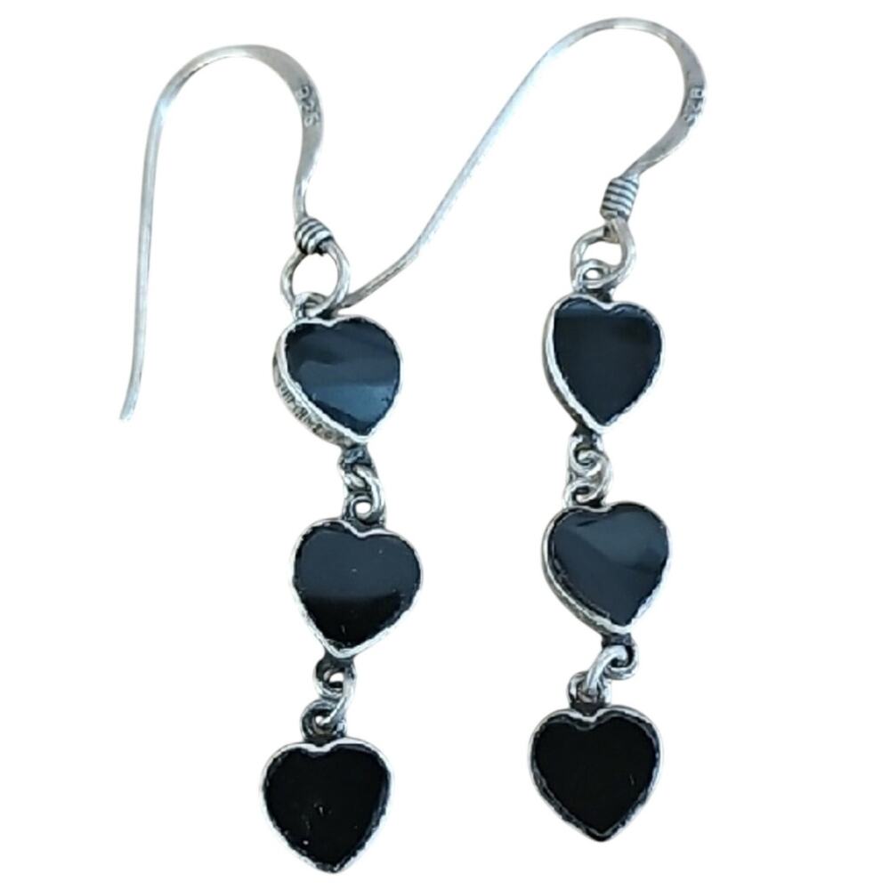Vintage Chic 925 Sterling Silver Triple Black Onyx Inlay Hearts Dangle Earrings